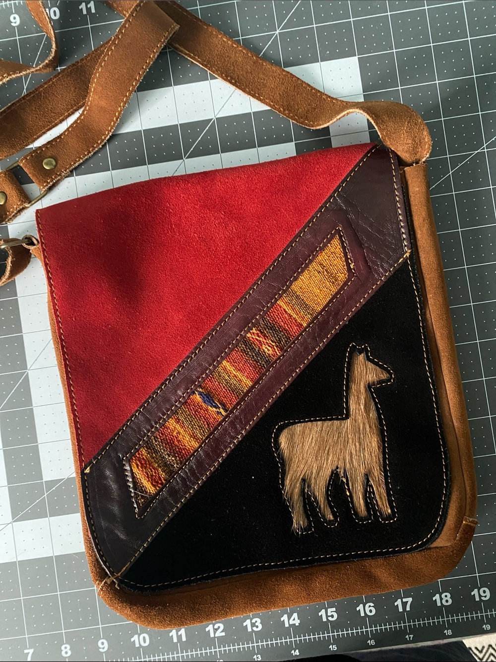 Artisanal Red & Black on Brown Leather Suede Crossbody Satchel with Llama Accent